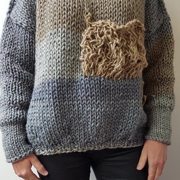 Wool winter set, hand knitted, gray/brown shades, sweater and matching hat - Picture 7 of 15